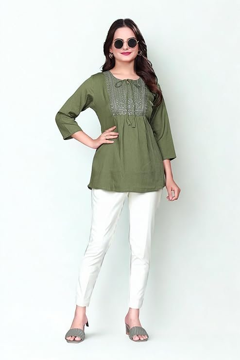 tunics for women – stylish & comfortable indian kurti top with 3/4 designer sleeves | delta poly short tunics for ladies | casual